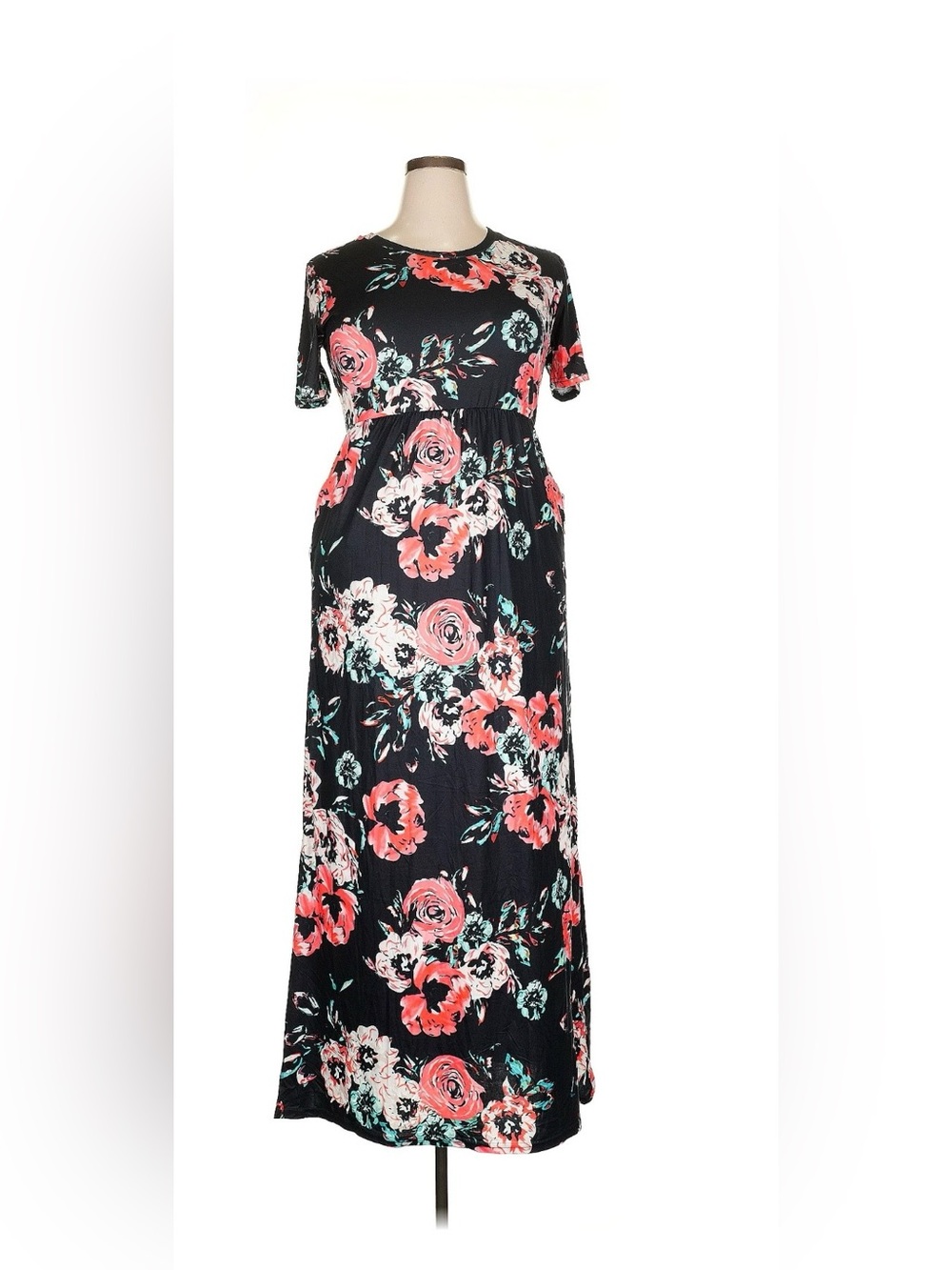 Floral Maxi Dress - Black with Coral and Mint